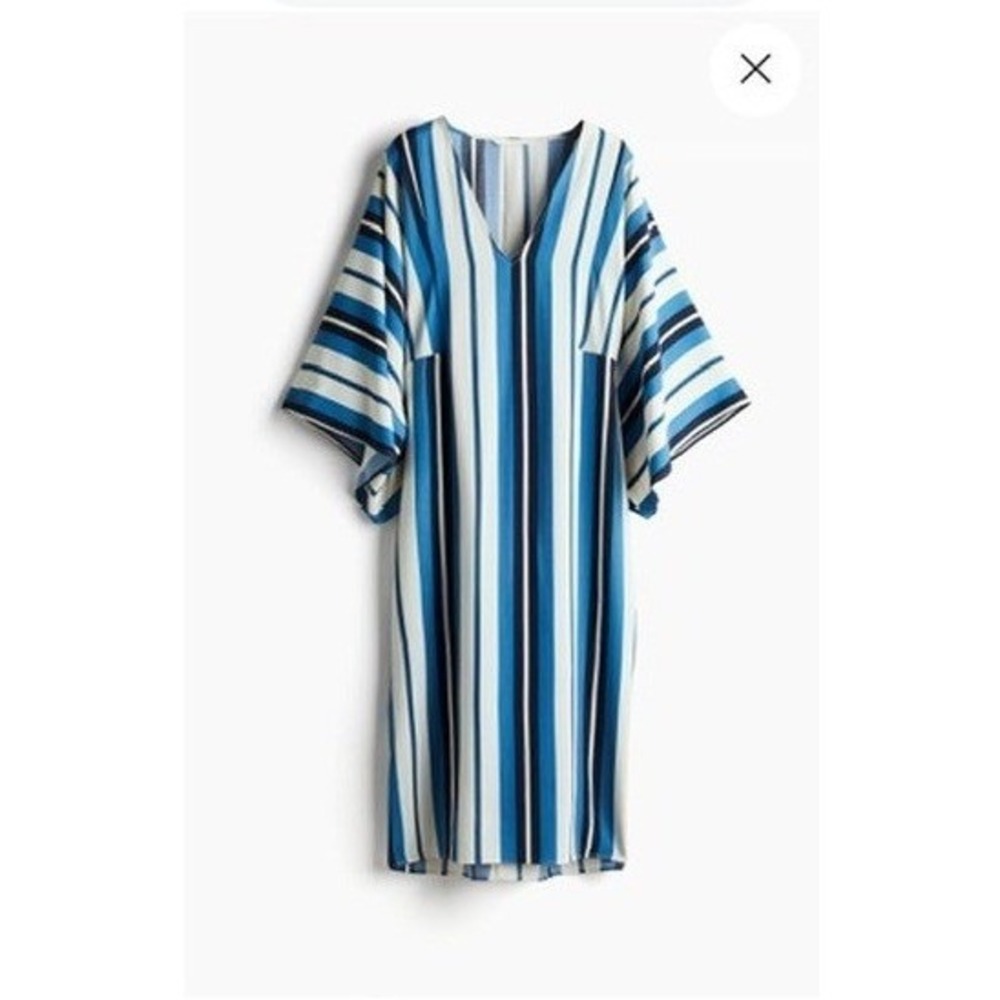 H&M Kaftan Dress Kimono Sleeve Viscose Size L Blue Striped Vacation Beach Resort